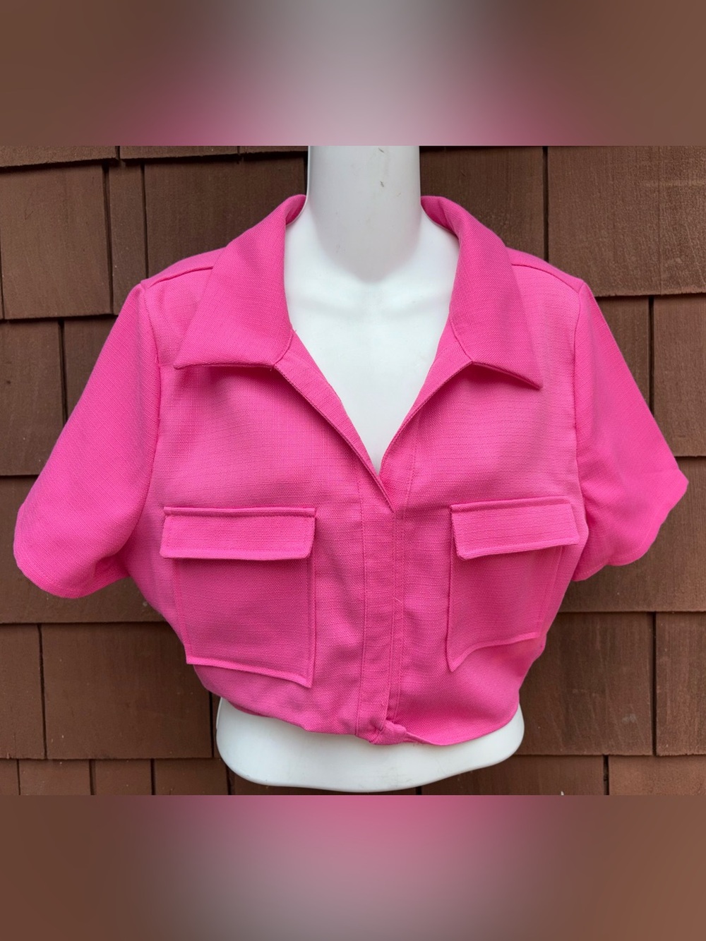 NWT Pretty Damage Cropped short sleeve Utility Shirt - Hot Pink large